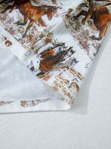 Fiyote Brown Western Mustang Print Hollowed Out High Neck Long Sleeved Top For Spring Clothing - Multicolor - View 9