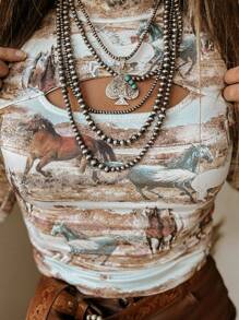 Fiyote Brown Western Mustang Print Hollowed Out High Neck Long Sleeved Top For Spring Clothing - Multicolor - View 3