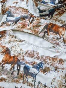 Fiyote Brown Western Mustang Print Hollowed Out High Neck Long Sleeved Top For Spring Clothing - Multicolor - View 8