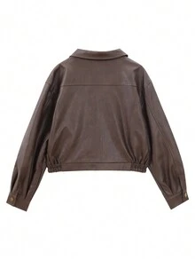 1pc Women's Solid Color Stand Collar Long Sleeve PU Leather Jacket, Retro Minimalist Style Crop Top, Autumn/Winter - Coffee Brown - View 2
