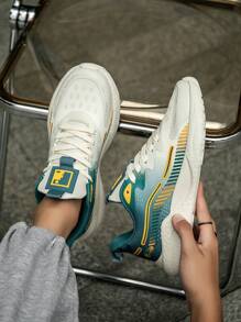 男士时尚经典黑白系带舒适运动鞋，时尚撞色拼接网眼休闲跑步鞋 - 白綠 - 查看 6