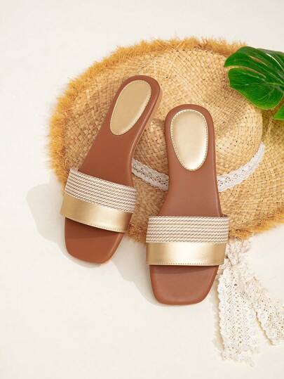 Champagne Flat Sandals, Women Fashion Woven Flat Sandals Elegant Comfortable Slip-On Slippers, Plus Size Ladies Summer Shoes