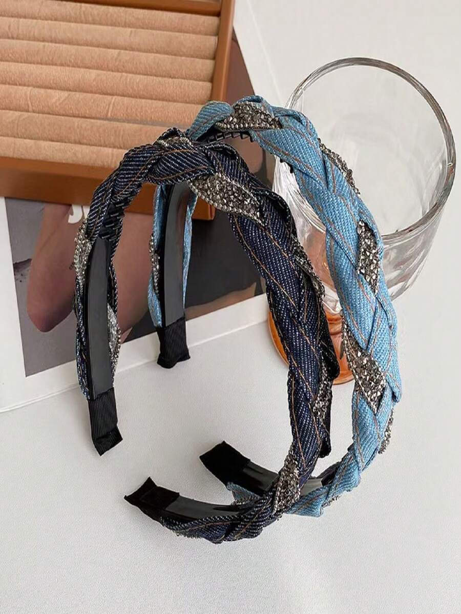 法式复古优雅牛仔蓝水晶包裹头带，优雅发箍辫子夹发夹，休闲 ABS 材质，适合秋冬季 - 彩色 - 查看 1