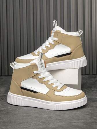 Men's Fashionable Front Lace-Up Leather & Mesh Inserts Casual Sports Sneakers, Versatile Outdoor/Street Wear High-Top Workout Shoes