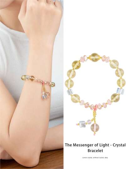  [VE] 1 pieza Pulsera de cristal de cuarzo de limón natural de alta calidad. El cristal de cuarzo de limón, radiante como la luz del sol, que representa frescura, vitalidad y energía positiva. Su tono único es un regalo de la naturaleza, que ayuda a disipar la tristeza y a abrazar los momentos brillantes de la vida. Color de piedra preciosa aleatorio.