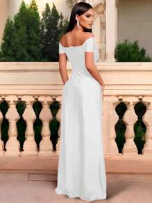 Vestido Para Mujer Hombros Descubiertos Fruncido Con Abertura En Pierna - Blanco - Ver 3