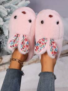 可爱毛绒兔子新奇拖鞋，温暖包头舒适家居拖鞋，柔软蓬松卧室鞋 - 粉色 - 查看 3