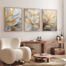 Set Of 3 Unframed Luxury Golden And White Leaves Poster, Waterproof Canvas Wall Art, Artwork Wall Painting For Gift, Wall Picture For Living Room, Bedroom, Dining Room, Kitchen, Office, Bathroom, Wall Decor Aesthetic,Home And Dormitory Decoration