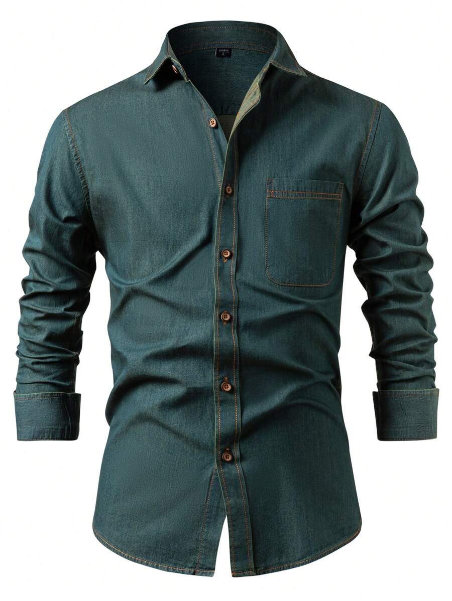 Men's Denim Top Shirt Long-Sleeved Casual Fashion Japanese Retro Plain Fashion New Pocketed Cotton Shirt Jacket - 薄荷藍 - 查看 1