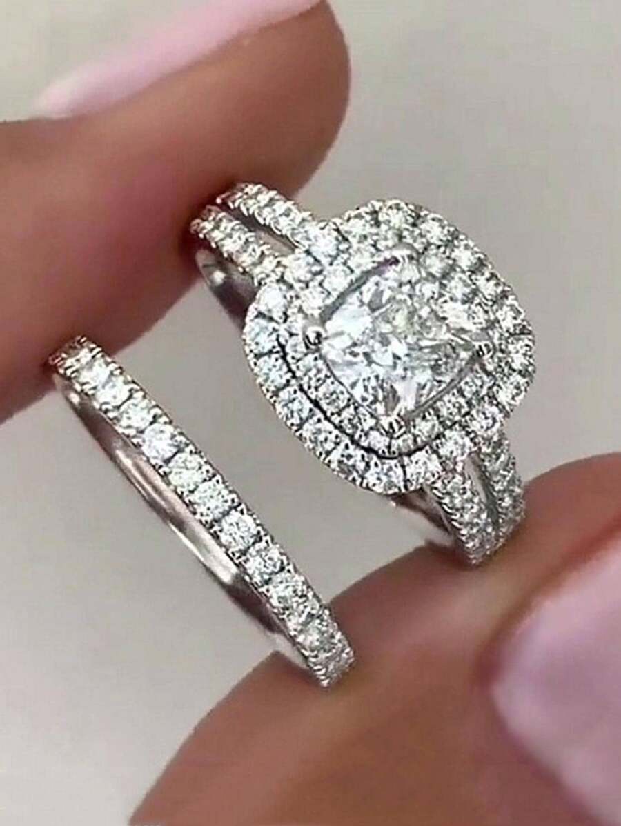 2 件/套经典方晶锆石戒指，适合女士，适合情人节礼物，结婚周年纪念派对珠宝 - 1# - 查看 1