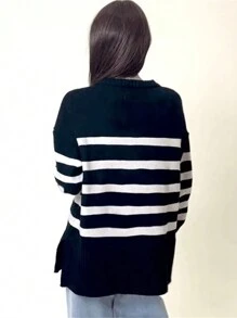 Áo len nữ dáng rộng, tay cánh dơi, cổ tròn, kẻ sọc, màu đen, thích hợp mặc mùa thu/đông. - màu đen - Xem 2