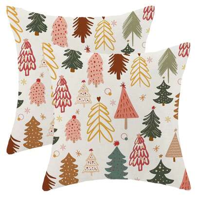 2 fundas de almohada con diseño de árbol colorido y lindo, funda de cojín de lino para invierno y vacaciones, decoración para el hogar, sofá, exterior, de un solo lado sin relleno, decoración navideña, decoración del hogar, decoración de la habitación