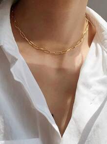 1 件女士简约不锈钢链项链，适合日常和节日佩戴 - 金色 - 查看 1