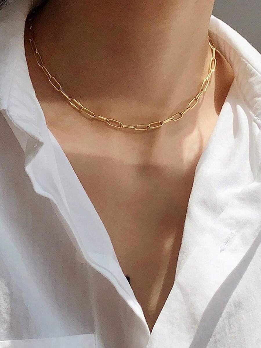 1 件女士简约不锈钢链项链，适合日常和节日佩戴 - 金色 - 查看 1
