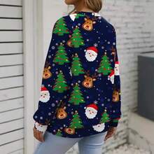 Plus Size Christmas Round Neck Loose Fit Pullover Women Sweatshirt, Autumn/Winter - Blue - View 2