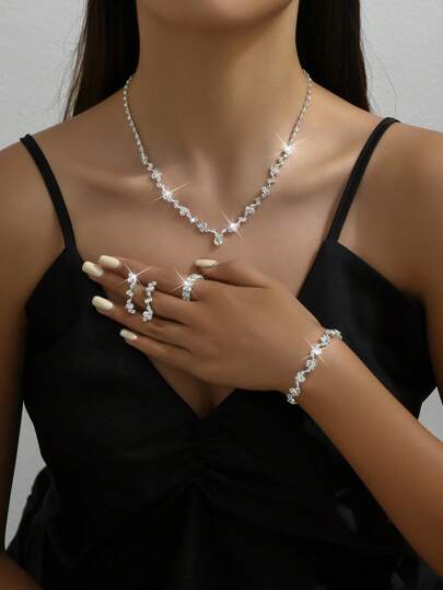 1set Fashionable Jewelry Set Including Necklace, Earrings, Bracelet, Stretch Ring For Women's Daily Wear