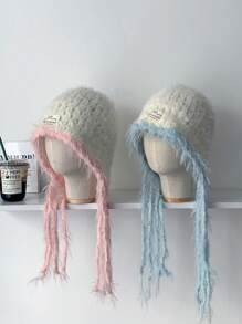 1 chiếc mũ trapper dệt kim dày có vành tai, thiết kế bện dễ thương, mũ ấm áp cho mùa đông dành cho phụ nữ - Nhiều màu - Xem 2