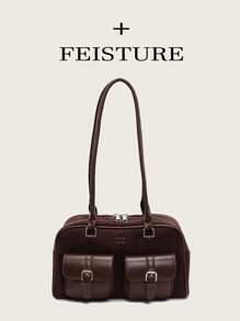 1 件复古风格多口袋保龄球包，绒面革单肩包/腋下包，适合女孩、女士、大学生、年轻专业人士和办公室职员，非常适合工作、商务、通勤和上学，复古风格女士包 - 咖啡棕 - 查看 9