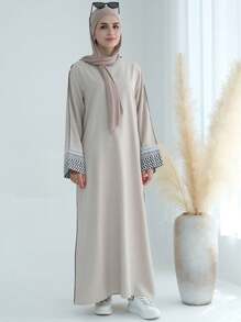 1pc Elegant Polyester Modest Printed Closed Abaya Dress Robe Kaftan - Beige - View 3