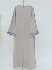 1pc Elegant Polyester Modest Printed Closed Abaya Dress Robe Kaftan - Beige - View 6