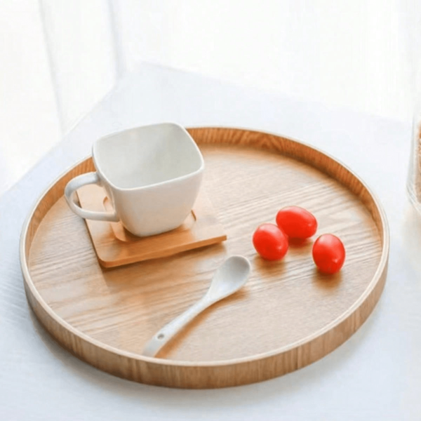 1pc Natural Wood Round Tray, Living Room Decor Tray, Jewelry Organizer Tray, Snack & Tea Serving Tray, Suitable For Daily Use