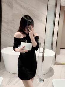 1 件时尚简约盒形晚装手拿包，奢华皮革派对手提包，欧美女士高端礼服包，水钻装饰派对包，浪漫婚礼新娘钱包，链条单肩斜挎包 - 銀色 - 查看 8