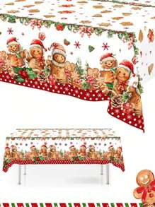 1pc, Gingerbread Man Christmas Plastic Tablecloth Table Cover, 130*220cm Disposable Watercolor Christmas Tablecloth For Christmas Party Kitchen Dining Table Decor, Christmas Decorations For Home 2024 Happy New Year 2025 Table Cloth,Christmas