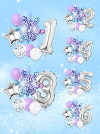 9 件/套生日派对装饰，冰雪奇缘主题 - 冰雪奇缘气球，0-9 数字 32 英寸银箔气球，18 英寸银星气球，巨型渐变雪花气球，冬季主题派对装饰 - 雪花派对装饰