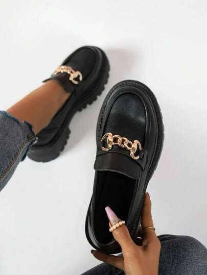 Thick Sole Women's Loafers Flats, New Autumn Vintage British Style Women Student Casual Shoes, Simple Black Chic Buckle Decor