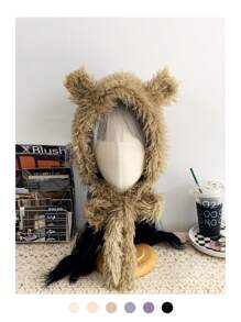 1buc drăguț corn de diavol Y2K colorblock cu dungi Fuzzy Earmuff tricot pălărie beanie, căciulă caldă de pluș cu cravată, balaclava
