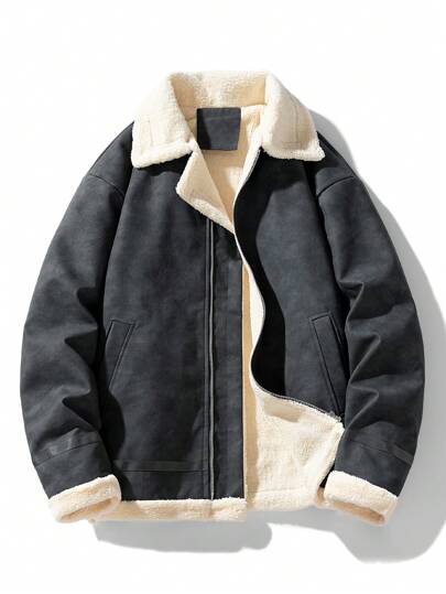 Men's Casual Thermal Lined Thick Warm Tie-Dye Faux Leather Fleece-Lined Jacket, For Fall Winter, Grunge