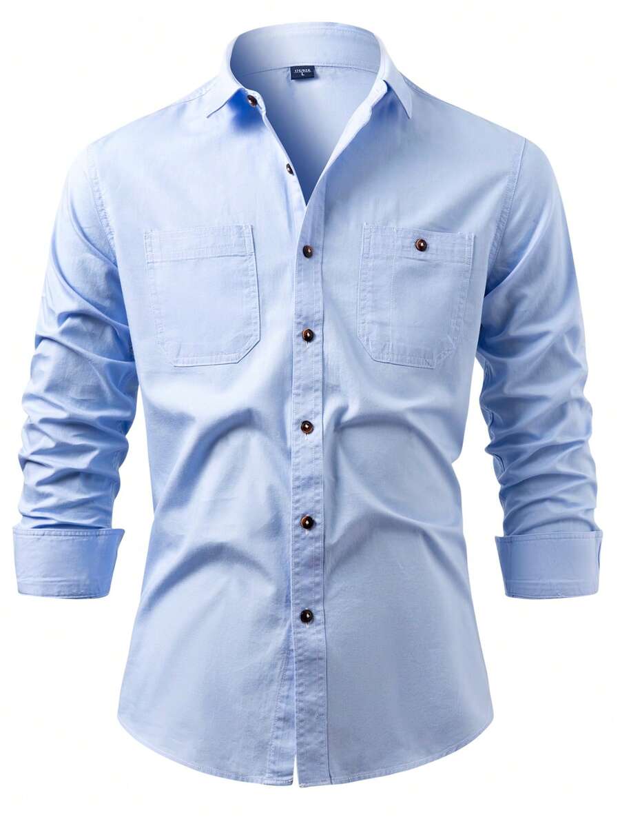 Men's Denim Top Shirt Long-Sleeved Casual Fashion Japanese Retro Plain Fashion New Pocketed Cotton Shirt Jacket - 淺藍色 - 查看 1