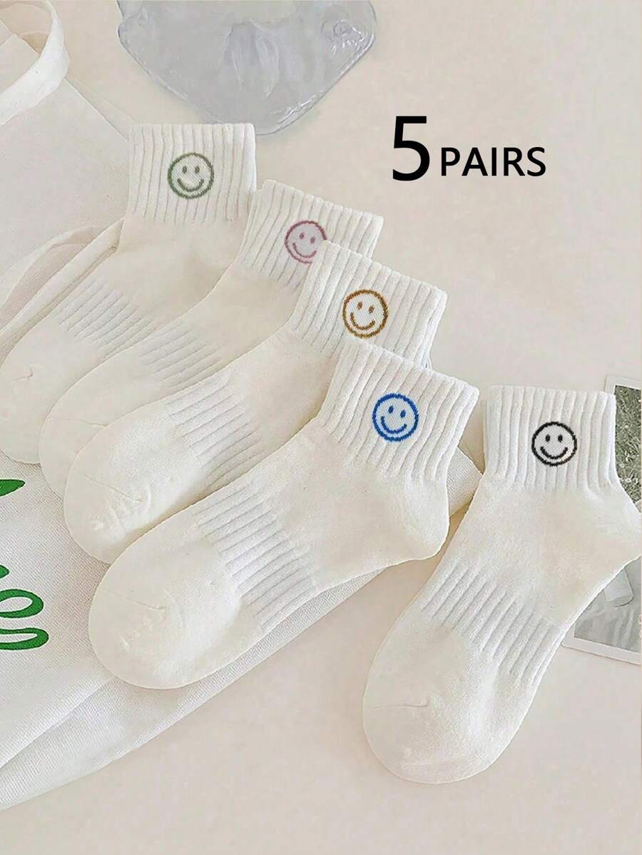 5 双女式白色中筒袜，笑脸设计，舒适透气，可爱 - 彩色 - 查看 1
