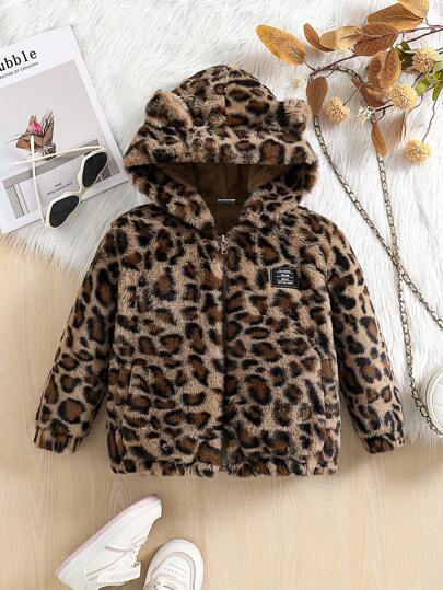 Girls Fashion Minimalist Autumn/Winter Outfit, Young Girl Leopard Print Fluffy Hooded Zipper Long Sleeve Cardigan, Girls Cozy Soft Plush Bunny Fur Casual Windproof Warm Winter Coat, Novelty Outdoor Street Style Ear Decor Jacket