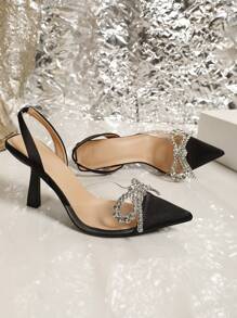 OMS 新款时尚女士尖头高跟露跟穆勒鞋带蝴蝶结装饰，水晶点缀公主新娘婚礼派对鞋 - 黑色 - 查看 5