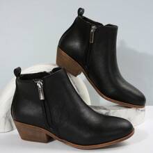 1pair New Stylish Women Block Heel Zipper Side Ankle Boots, Black, For Autumn/Winter Season