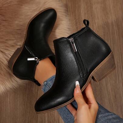 1 paio di nuovi stivaletti alla caviglia da donna con tacco a blocco e cerniera laterale, colore nero, adatti per l'autunno/inverno