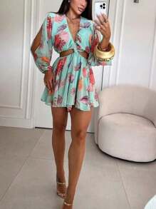 Elegant Women's Jumpsuit With V-Neck, Long Sleeve And Slit, Cut-Out Detail At Waist, Perfect For Parties - màu xanh lá - Xem 1