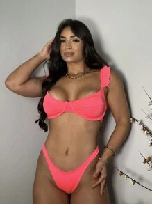 Women's Bikini With Half Cup Straps And Ruffles - Summer - 粉色 - 查看 1