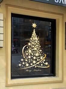 1sheet Gold Christmas Tree Decorative Glass Sticker, Large DIY Static Wall Window Door Mural Showcase Decal Sticker Shop Window Decor - Gold - View 4