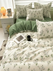 Juego de ropa de cama de 4 piezas de poliéster, que incluye 1 funda nórdica, 1 sábana, 2 fundas de almohada, con diseños florales lindos y de dibujos animados, adecuado para dormitorio y habitación de invitados