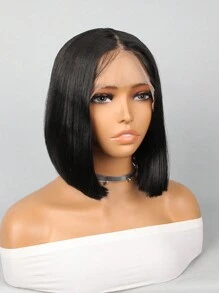 合成耐热 T 型蕾丝波波头假发，带婴儿头发 13*4.5*1 黑色中长直发 10 英寸，适合日间使用，女士使用，自然美丽，优质合成纤维柔软初学者假发 - 黑色 - 查看 4