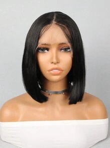 合成耐热 T 型蕾丝波波头假发，带婴儿头发 13*4.5*1 黑色中长直发 10 英寸，适合日间使用，女士使用，自然美丽，优质合成纤维柔软初学者假发 - 黑色 - 查看 3