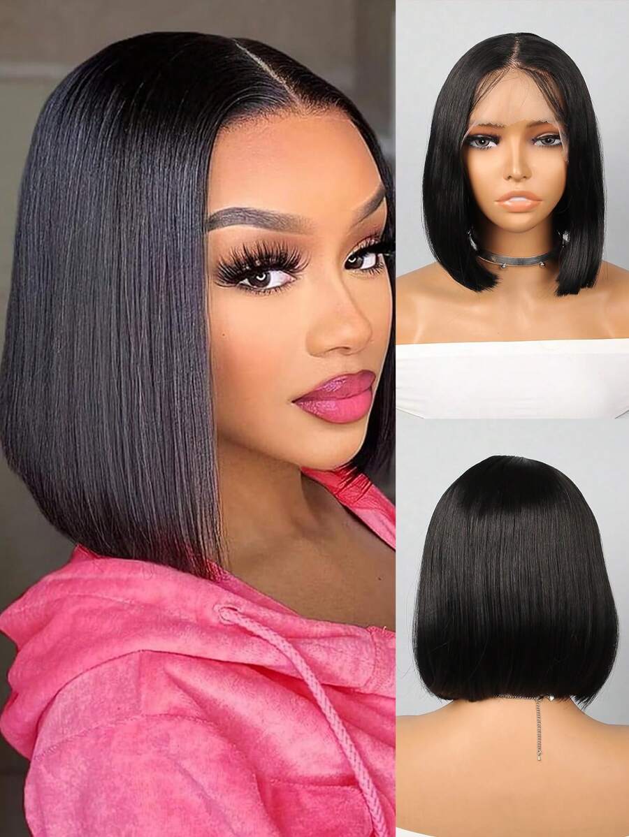 合成耐热 T 型蕾丝波波头假发，带婴儿头发 13*4.5*1 黑色中长直发 10 英寸，适合日间使用，女士使用，自然美丽，优质合成纤维柔软初学者假发 - 黑色 - 查看 1