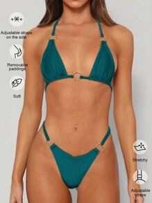 Fashionable And Sexy Strap Beach Bikini Set Summer - Dark Green - View 2