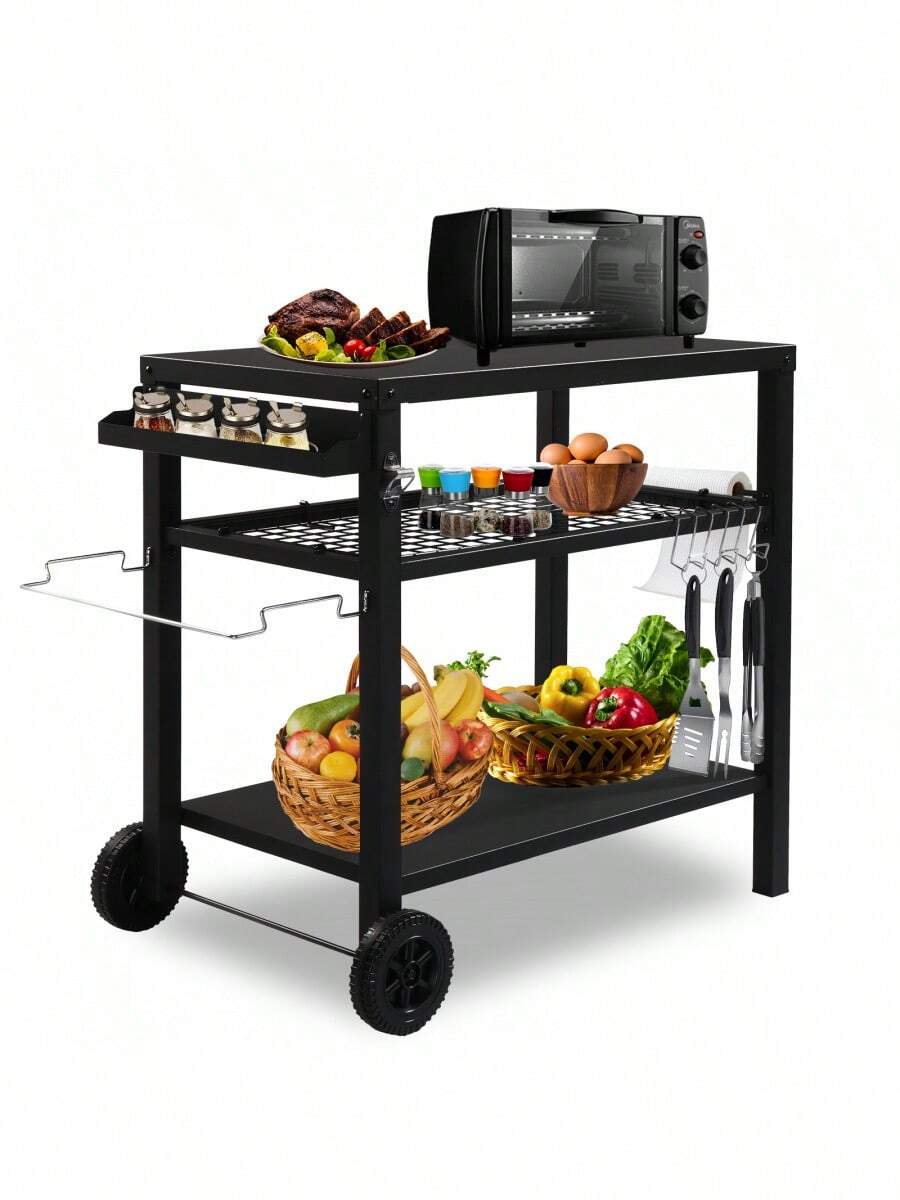Outdoor Grill Cart ThreeShelf Grill Table, Movable BBQ Trolley Food