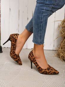 Women's Pointed Toe Leopard Print Stiletto High Heel Shoes, Minimalist & Comfortable For Work, Commute And Casual
