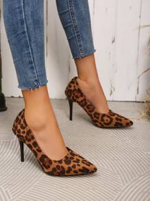 Women's Pointed Toe Leopard Print Stiletto High Heel Shoes, Minimalist & Comfortable For Work, Commute And Casual