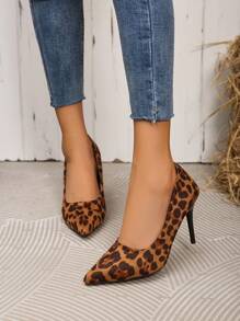 Women's Pointed Toe Leopard Print Stiletto High Heel Shoes, Minimalist & Comfortable For Work, Commute And Casual