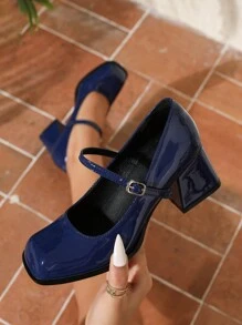 女士高跟鞋，低帮时尚百搭玛丽珍鞋，法式皮鞋，方头粗跟复古法式高跟鞋